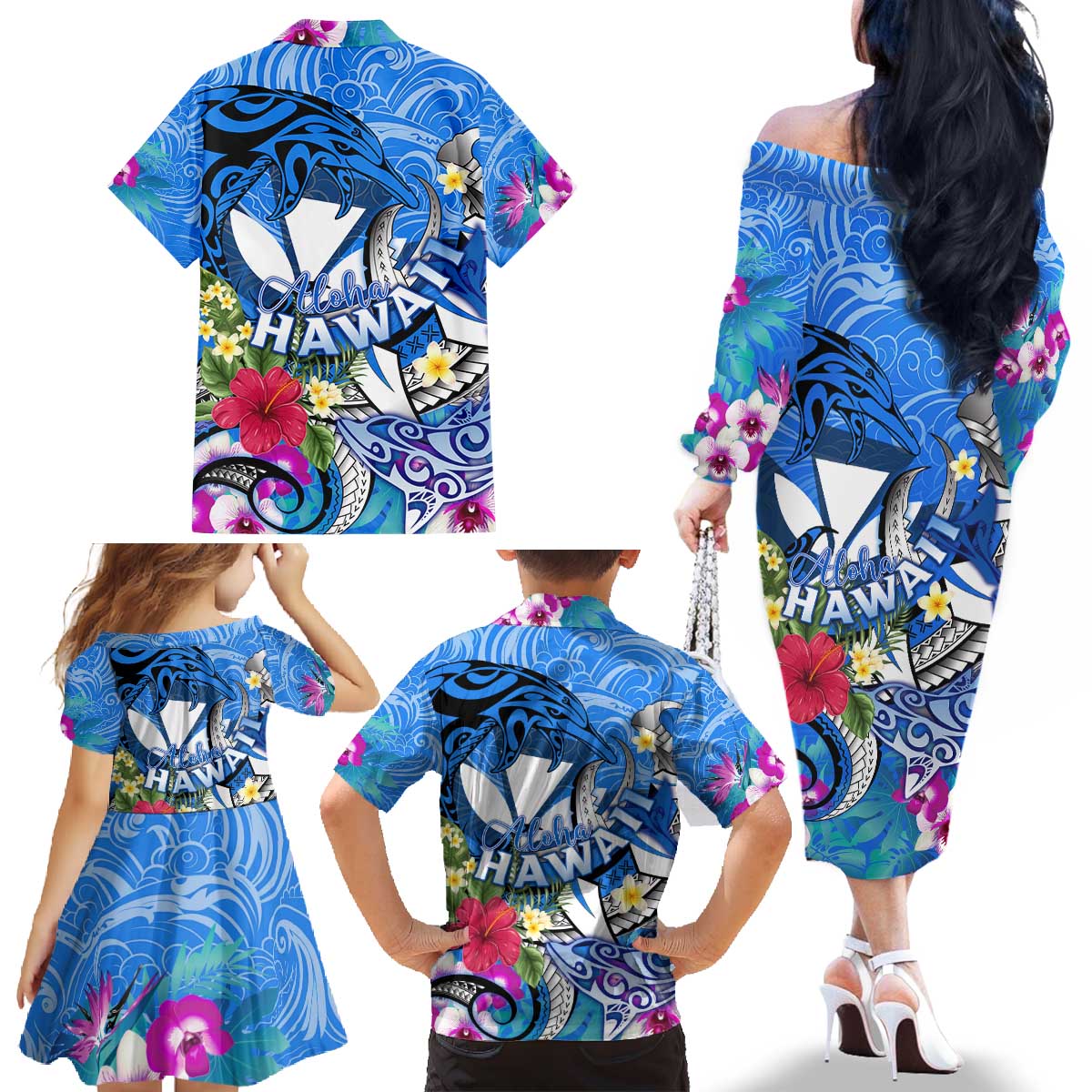 Aloha Hawaii Family Matching Off The Shoulder Long Sleeve Dress and Hawaiian Shirt Dolphins and Fish Hook Hibiscus DT02 - Polynesian Pride