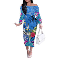 Aloha Hawaii Family Matching Off The Shoulder Long Sleeve Dress and Hawaiian Shirt Dolphins and Fish Hook Hibiscus DT02 Mom's Dress Blue - Polynesian Pride