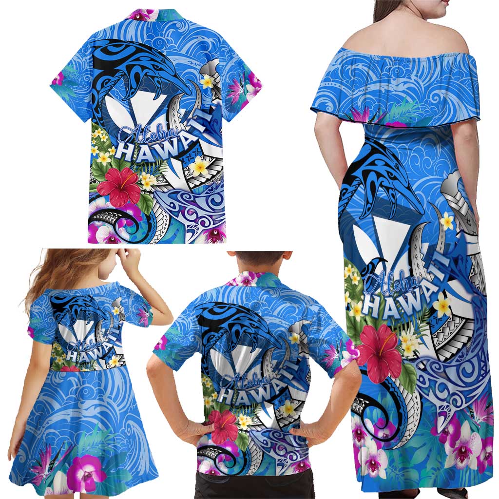 Aloha Hawaii Family Matching Off Shoulder Maxi Dress and Hawaiian Shirt Dolphins and Fish Hook Hibiscus DT02 - Polynesian Pride