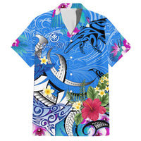 Aloha Hawaii Family Matching Off Shoulder Maxi Dress and Hawaiian Shirt Dolphins and Fish Hook Hibiscus DT02 Dad's Shirt - Short Sleeve Blue - Polynesian Pride