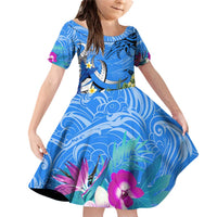 Aloha Hawaii Family Matching Off Shoulder Short Dress and Hawaiian Shirt Dolphins and Fish Hook Hibiscus DT02 Daughter's Dress Blue - Polynesian Pride