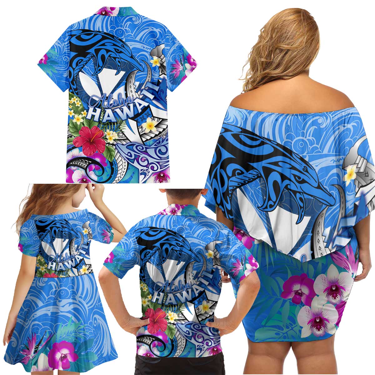 Aloha Hawaii Family Matching Off Shoulder Short Dress and Hawaiian Shirt Dolphins and Fish Hook Hibiscus DT02 - Polynesian Pride