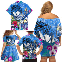 Aloha Hawaii Family Matching Off Shoulder Short Dress and Hawaiian Shirt Dolphins and Fish Hook Hibiscus DT02 - Polynesian Pride