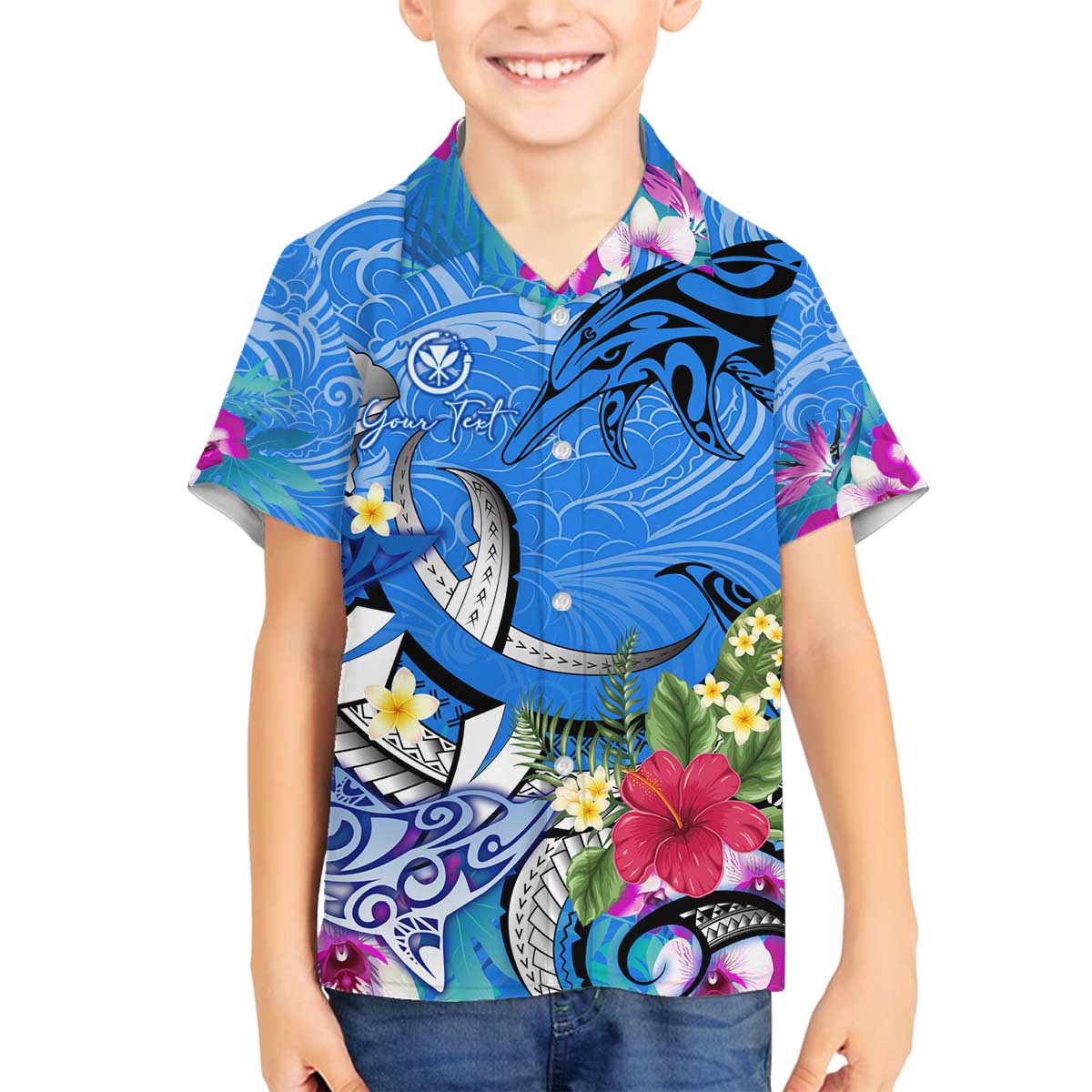 Aloha Hawaii Family Matching Off Shoulder Short Dress and Hawaiian Shirt Dolphins and Fish Hook Hibiscus DT02 Son's Shirt Blue - Polynesian Pride