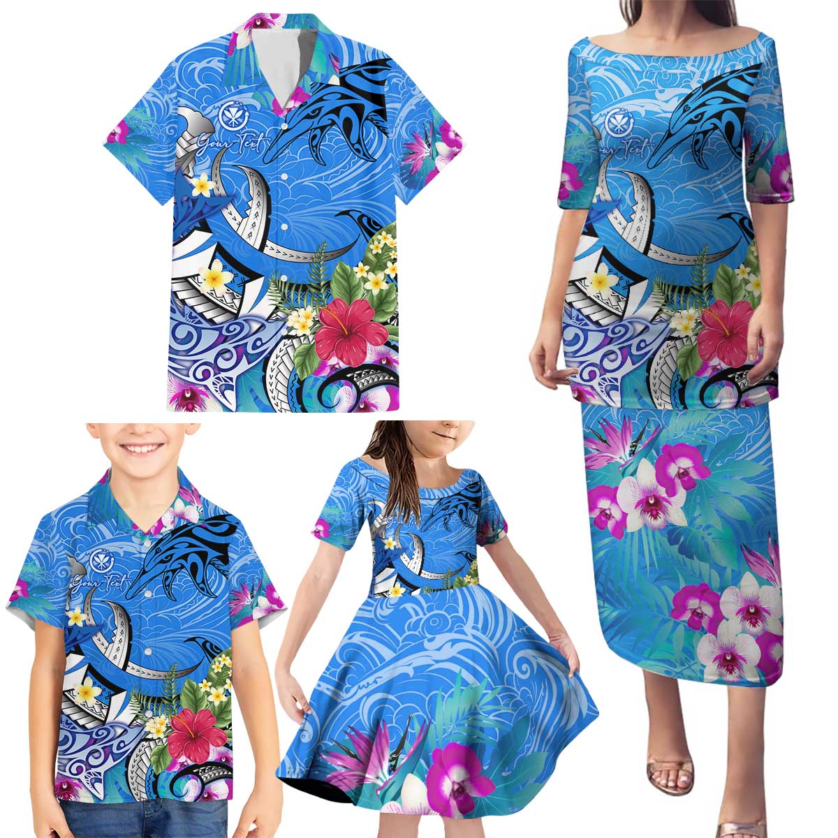 Aloha Hawaii Family Matching Puletasi and Hawaiian Shirt Dolphins and Fish Hook Hibiscus DT02 - Polynesian Pride