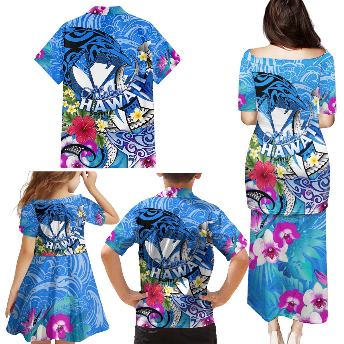 Aloha Hawaii Family Matching Puletasi and Hawaiian Shirt Dolphins and Fish Hook Hibiscus DT02 - Polynesian Pride