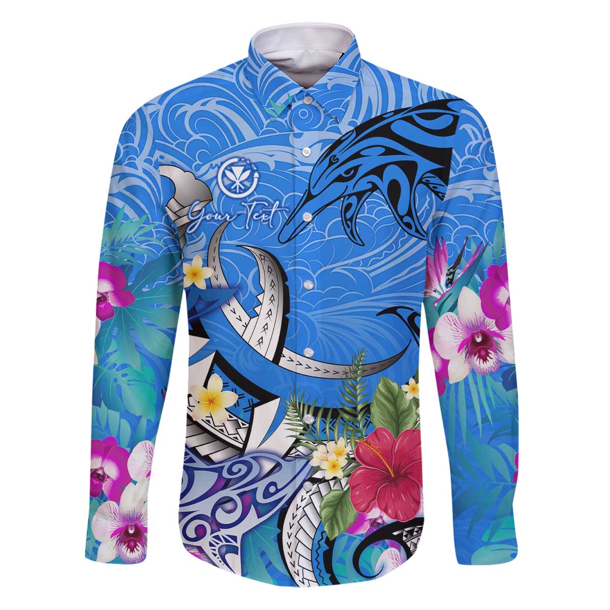 Aloha Hawaii Family Matching Puletasi and Hawaiian Shirt Dolphins and Fish Hook Hibiscus DT02 Dad's Shirt - Long Sleeve Blue - Polynesian Pride
