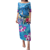 Aloha Hawaii Family Matching Puletasi and Hawaiian Shirt Dolphins and Fish Hook Hibiscus DT02 Mom's Dress Blue - Polynesian Pride