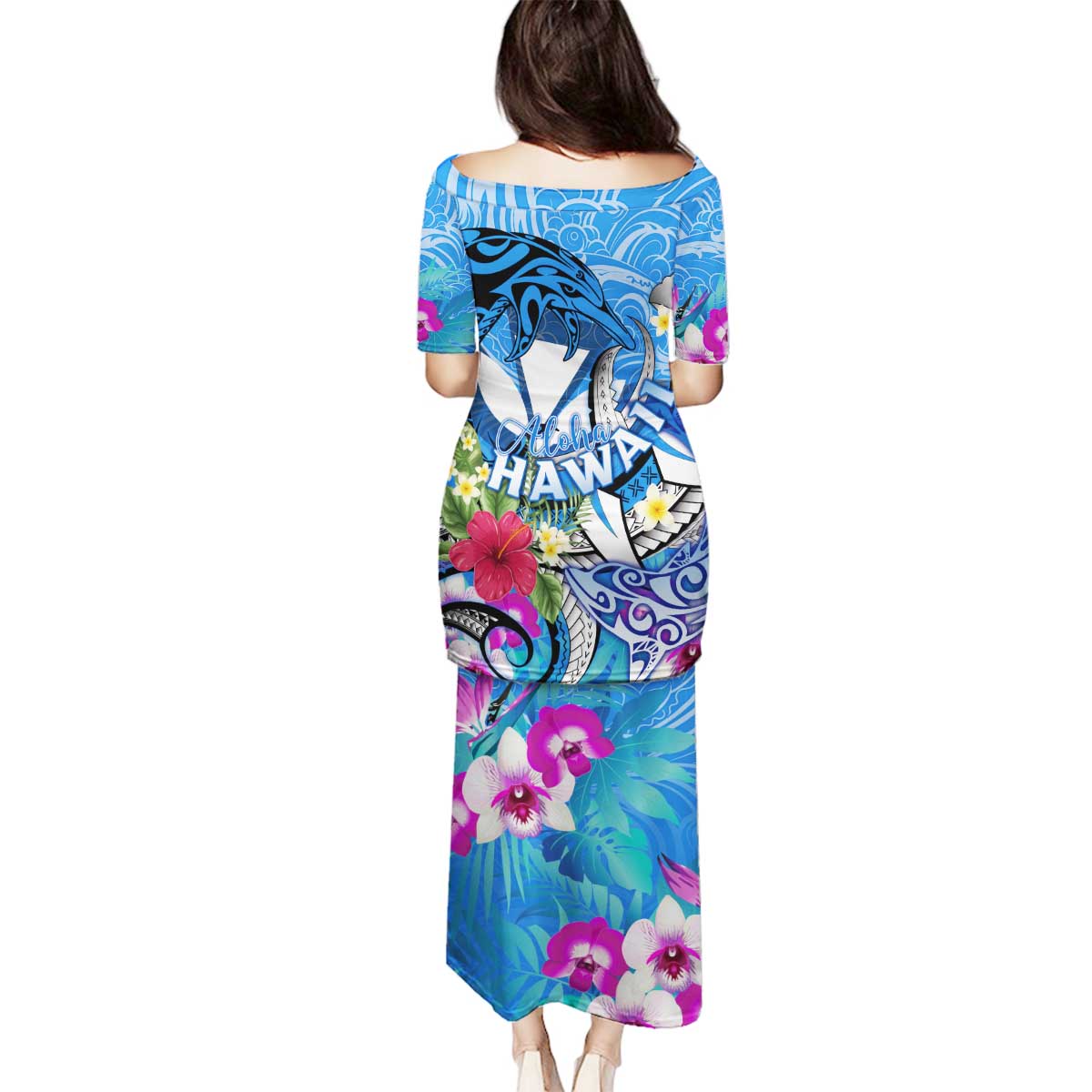 Aloha Hawaii Family Matching Puletasi and Hawaiian Shirt Dolphins and Fish Hook Hibiscus DT02 - Polynesian Pride