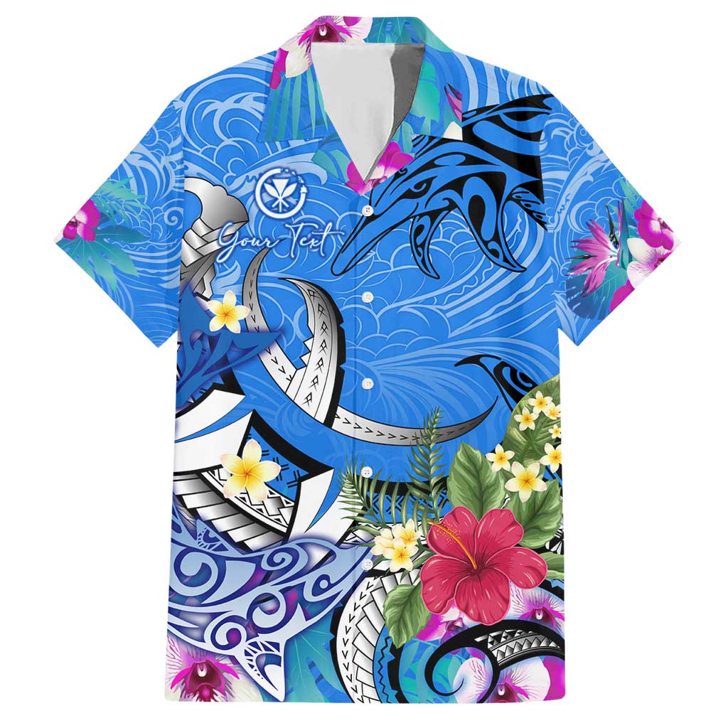 Aloha Hawaii Family Matching Short Sleeve Bodycon Dress and Hawaiian Shirt Dolphins and Fish Hook Hibiscus DT02 Dad's Shirt - Short Sleeve Blue - Polynesian Pride