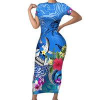 Aloha Hawaii Family Matching Short Sleeve Bodycon Dress and Hawaiian Shirt Dolphins and Fish Hook Hibiscus DT02 Mom's Dress Blue - Polynesian Pride