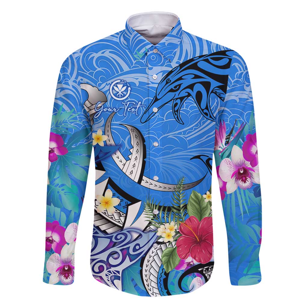 Aloha Hawaii Family Matching Summer Maxi Dress and Hawaiian Shirt Dolphins and Fish Hook Hibiscus DT02 Dad's Shirt - Long Sleeve Blue - Polynesian Pride