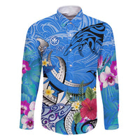 Aloha Hawaii Family Matching Tank Maxi Dress and Hawaiian Shirt Dolphins and Fish Hook Hibiscus DT02 Dad's Shirt - Long Sleeve Blue - Polynesian Pride