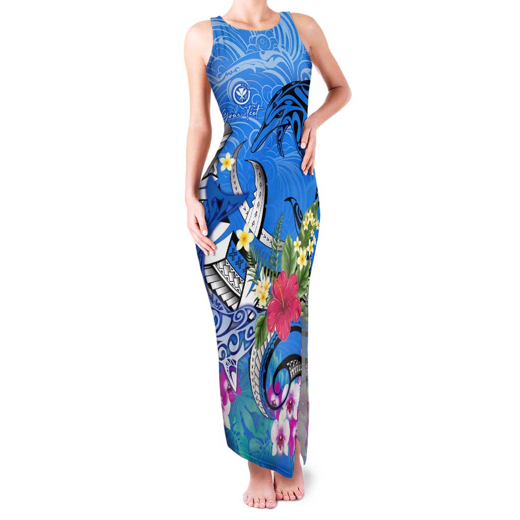 Aloha Hawaii Family Matching Tank Maxi Dress and Hawaiian Shirt Dolphins and Fish Hook Hibiscus DT02 Mom's Dress Blue - Polynesian Pride