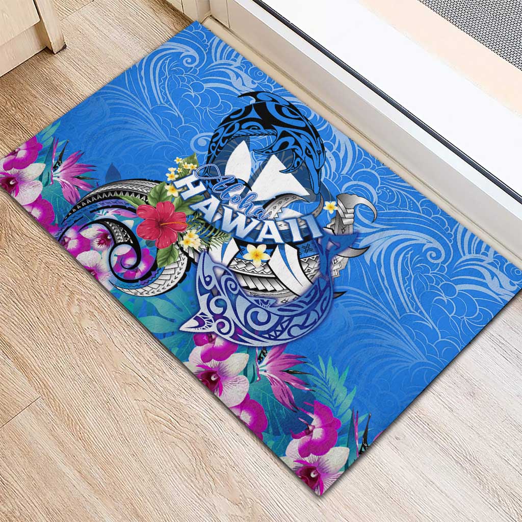 Aloha Hawaii Rubber Doormat Dolphins and Fish Hook Hibiscus