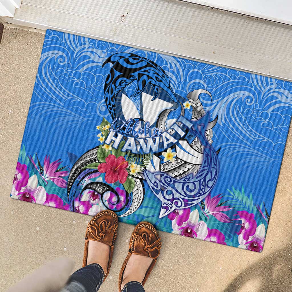 Aloha Hawaii Rubber Doormat Dolphins and Fish Hook Hibiscus