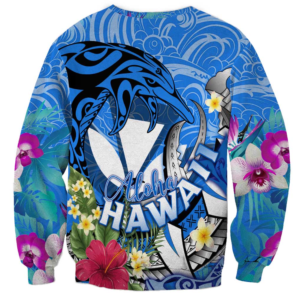 Aloha Hawaii Sweatshirt Dolphins and Fish Hook Hibiscus