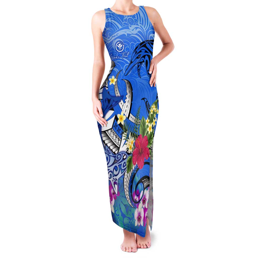 Aloha Hawaii Tank Maxi Dress Dolphins and Fish Hook Hibiscus DT02 Women Blue - Polynesian Pride