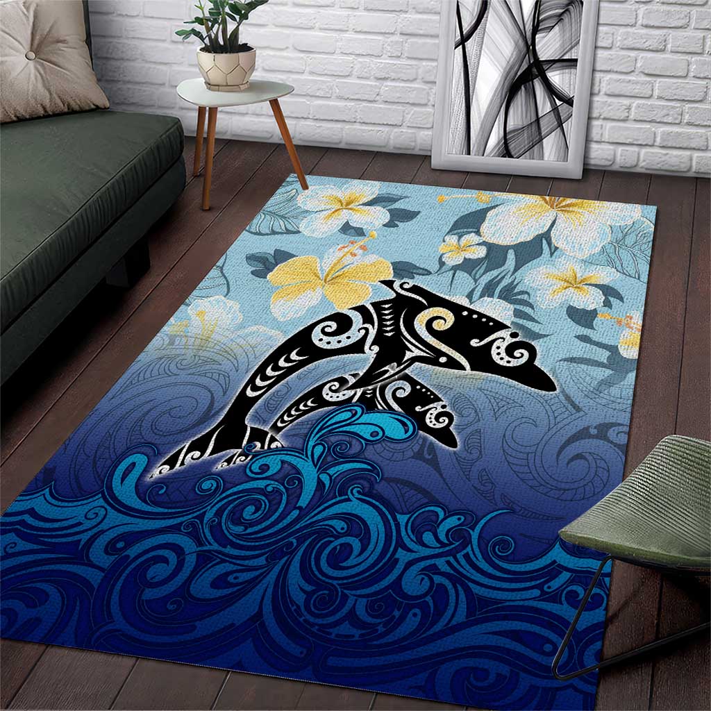 Mother And Baby Dolphins Area Rug Hawaii Hibiscus DT02 Blue - Polynesian Pride