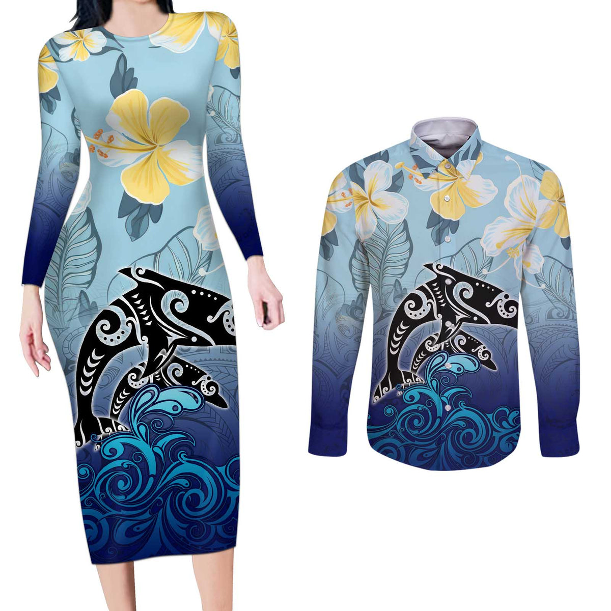 Mother And Baby Dolphins Couples Matching Long Sleeve Bodycon Dress and Long Sleeve Button Shirt Hawaii Hibiscus DT02 Blue - Polynesian Pride