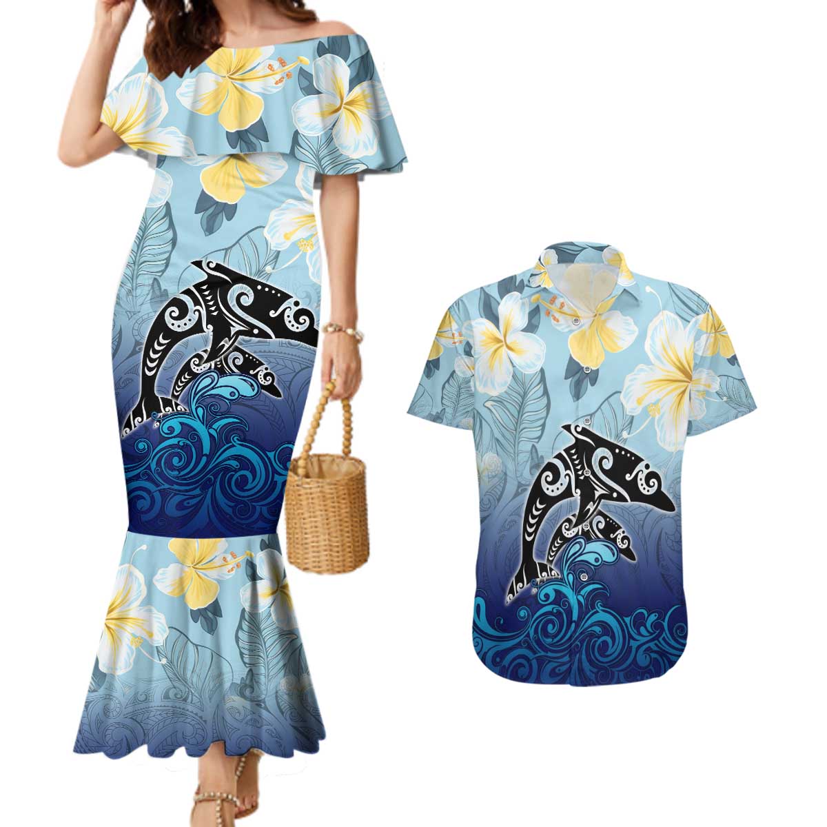 Mother And Baby Dolphins Couples Matching Mermaid Dress and Hawaiian Shirt Hawaii Hibiscus DT02 Blue - Polynesian Pride