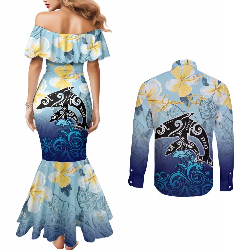 Mother And Baby Dolphins Couples Matching Mermaid Dress and Long Sleeve Button Shirt Hawaii Hibiscus DT02 - Polynesian Pride