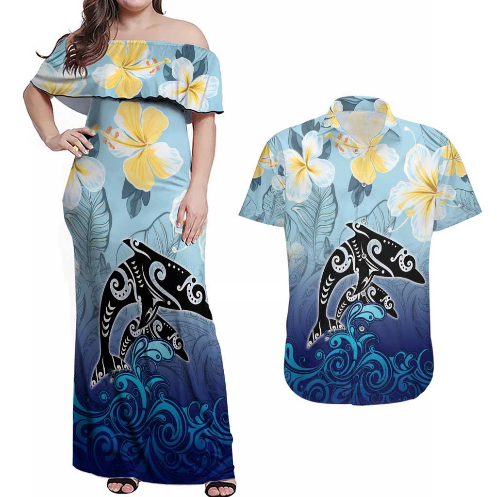 Mother And Baby Dolphins Couples Matching Off Shoulder Maxi Dress and Hawaiian Shirt Hawaii Hibiscus DT02 Blue - Polynesian Pride