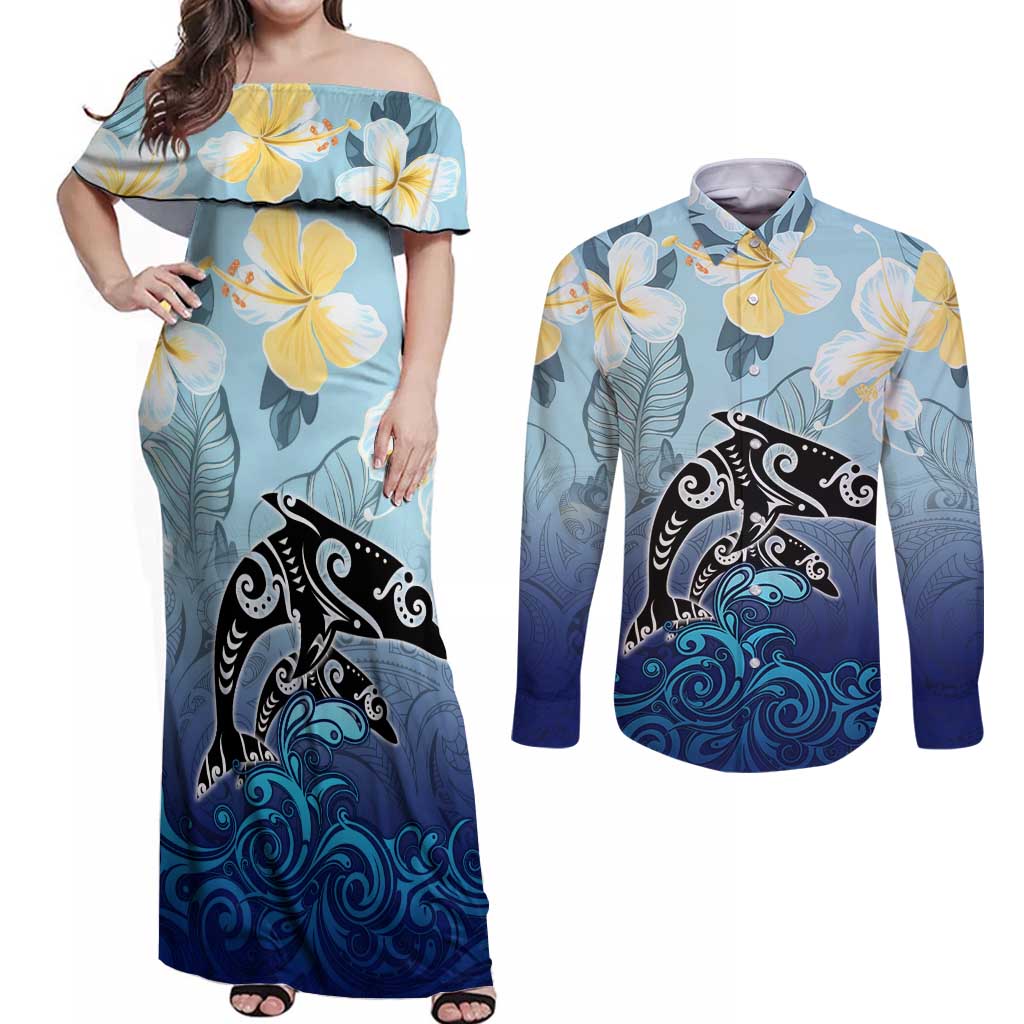 Mother And Baby Dolphins Couples Matching Off Shoulder Maxi Dress and Long Sleeve Button Shirt Hawaii Hibiscus DT02 Blue - Polynesian Pride