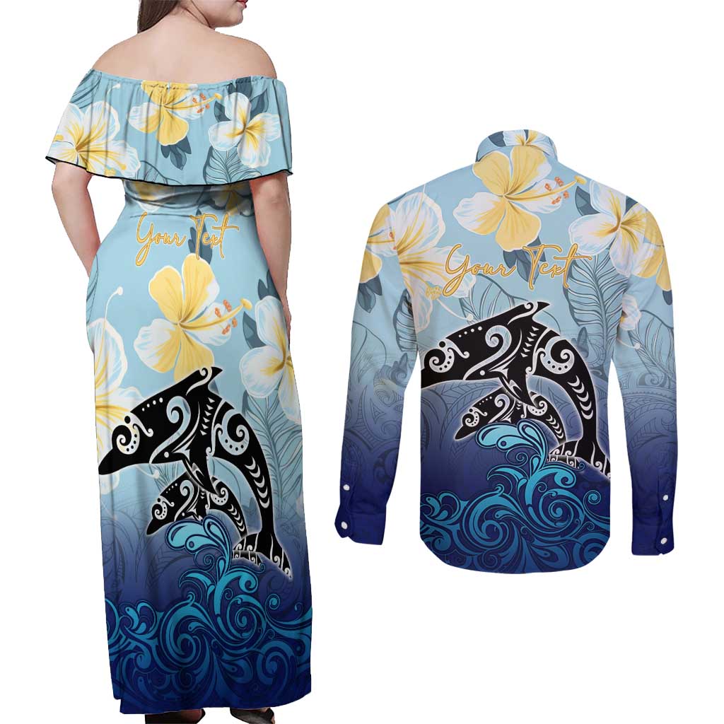 Mother And Baby Dolphins Couples Matching Off Shoulder Maxi Dress and Long Sleeve Button Shirt Hawaii Hibiscus DT02 - Polynesian Pride