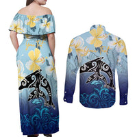 Mother And Baby Dolphins Couples Matching Off Shoulder Maxi Dress and Long Sleeve Button Shirt Hawaii Hibiscus DT02 - Polynesian Pride