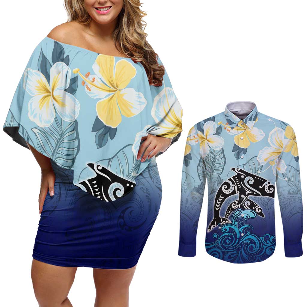 Mother And Baby Dolphins Couples Matching Off Shoulder Short Dress and Long Sleeve Button Shirt Hawaii Hibiscus DT02 Blue - Polynesian Pride