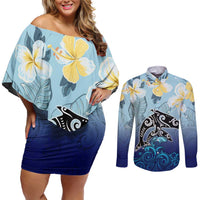 Mother And Baby Dolphins Couples Matching Off Shoulder Short Dress and Long Sleeve Button Shirt Hawaii Hibiscus DT02 Blue - Polynesian Pride