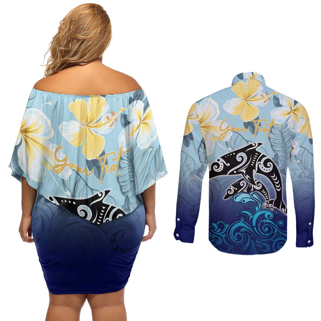 Mother And Baby Dolphins Couples Matching Off Shoulder Short Dress and Long Sleeve Button Shirt Hawaii Hibiscus DT02 - Polynesian Pride