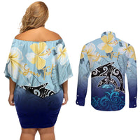 Mother And Baby Dolphins Couples Matching Off Shoulder Short Dress and Long Sleeve Button Shirt Hawaii Hibiscus DT02 - Polynesian Pride