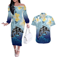 Mother And Baby Dolphins Couples Matching Off The Shoulder Long Sleeve Dress and Hawaiian Shirt Hawaii Hibiscus DT02 Blue - Polynesian Pride