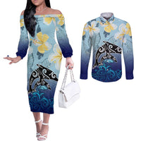 Mother And Baby Dolphins Couples Matching Off The Shoulder Long Sleeve Dress and Long Sleeve Button Shirt Hawaii Hibiscus DT02 Blue - Polynesian Pride