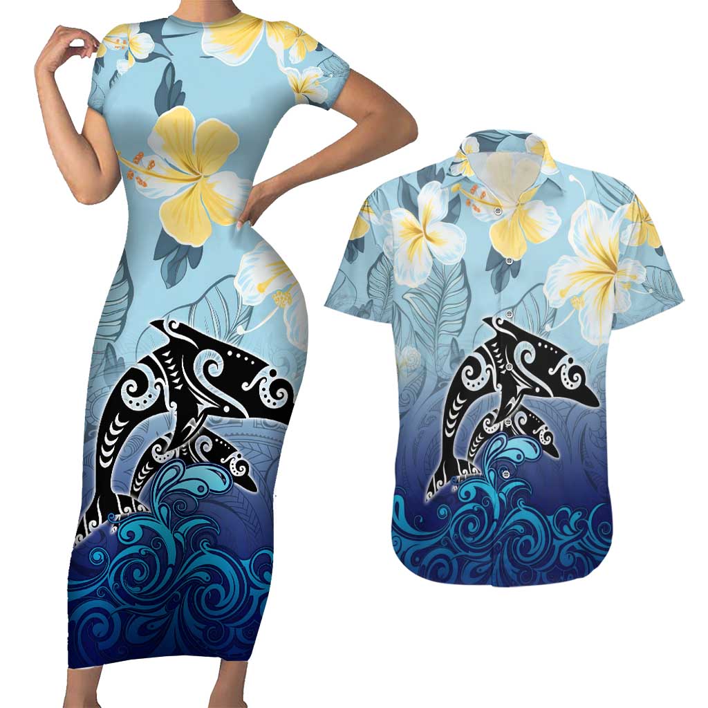 Mother And Baby Dolphins Couples Matching Short Sleeve Bodycon Dress and Hawaiian Shirt Hawaii Hibiscus DT02 Blue - Polynesian Pride