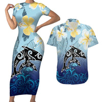 Mother And Baby Dolphins Couples Matching Short Sleeve Bodycon Dress and Hawaiian Shirt Hawaii Hibiscus DT02 Blue - Polynesian Pride