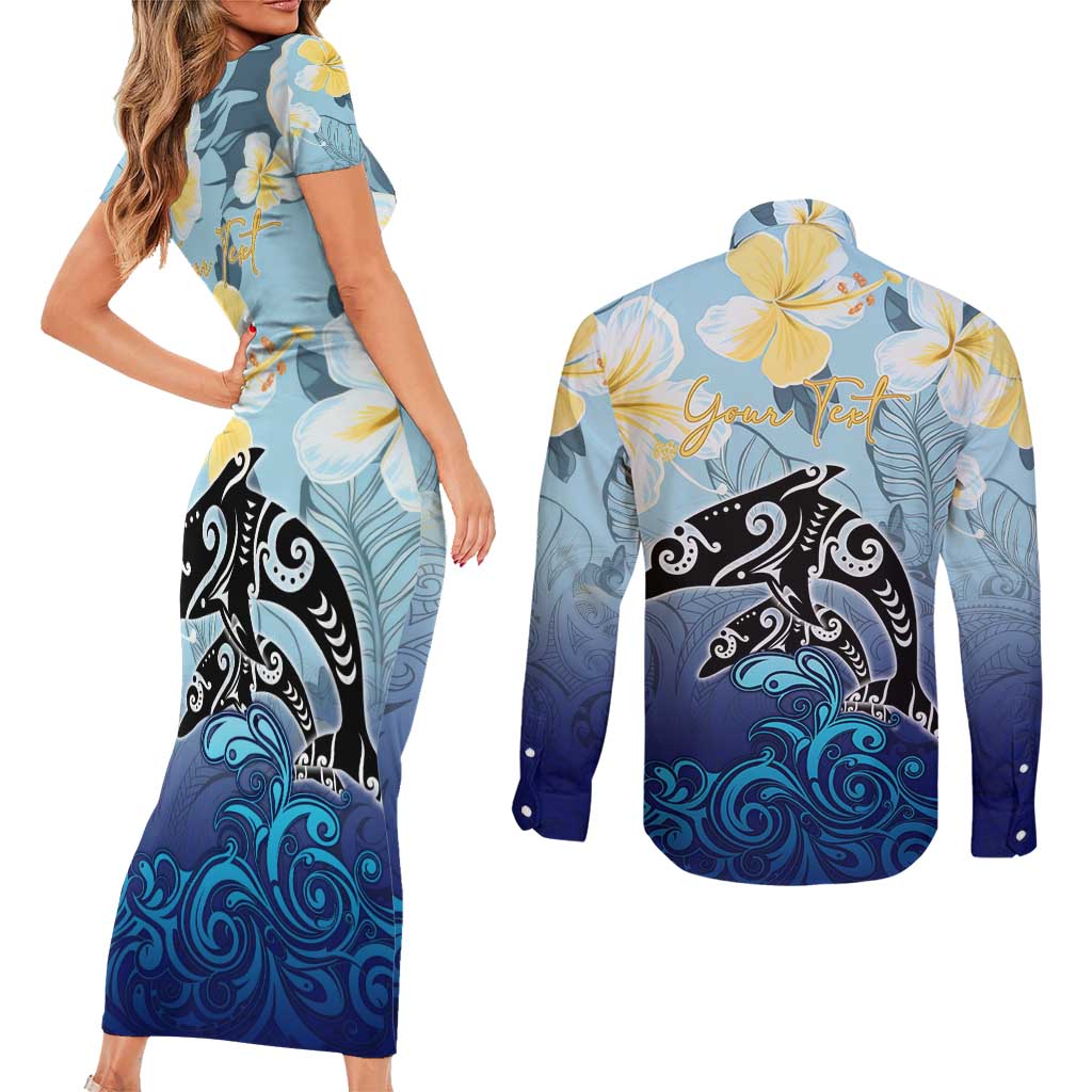 Mother And Baby Dolphins Couples Matching Short Sleeve Bodycon Dress and Long Sleeve Button Shirt Hawaii Hibiscus DT02 - Polynesian Pride