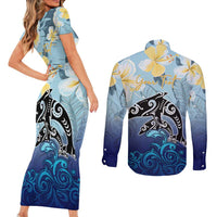 Mother And Baby Dolphins Couples Matching Short Sleeve Bodycon Dress and Long Sleeve Button Shirt Hawaii Hibiscus DT02 - Polynesian Pride