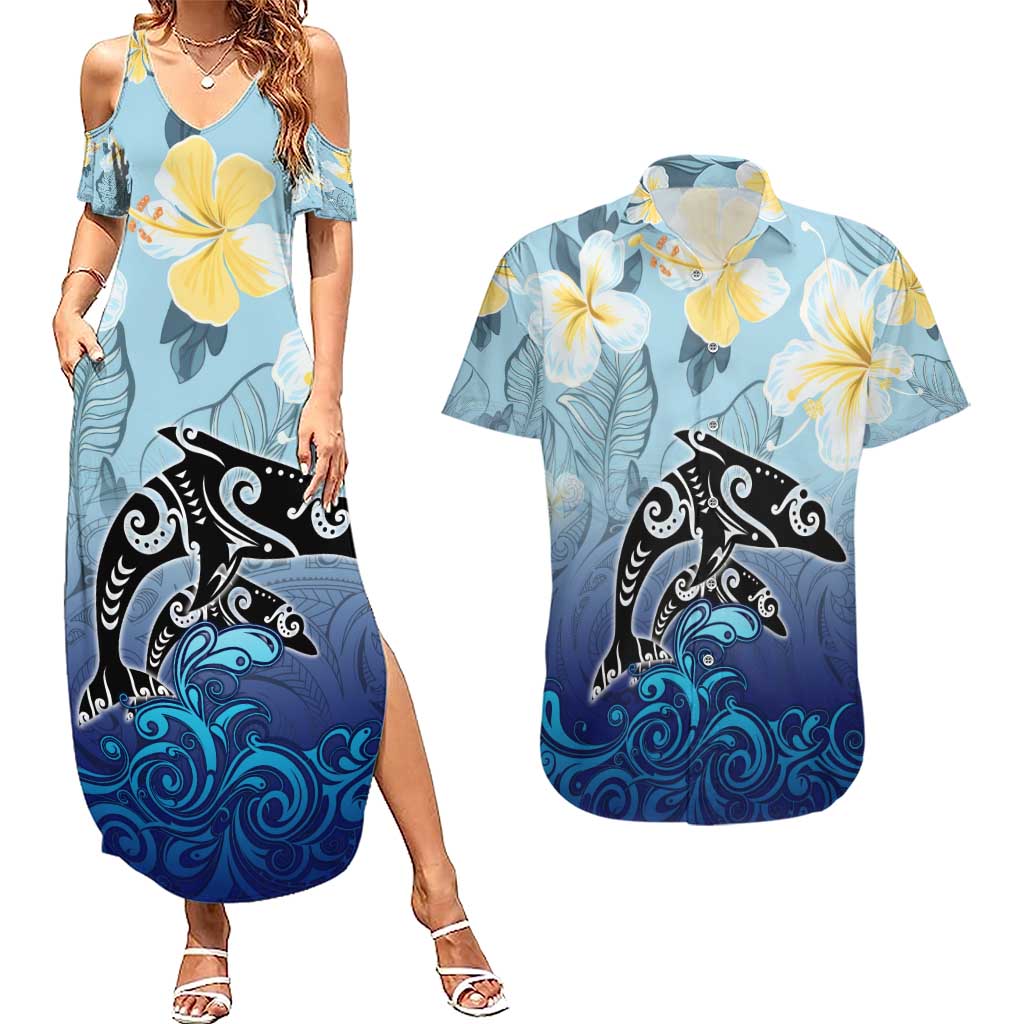 Mother And Baby Dolphins Couples Matching Summer Maxi Dress and Hawaiian Shirt Hawaii Hibiscus DT02 Blue - Polynesian Pride