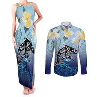 Mother And Baby Dolphins Couples Matching Tank Maxi Dress and Long Sleeve Button Shirt Hawaii Hibiscus DT02 Blue - Polynesian Pride