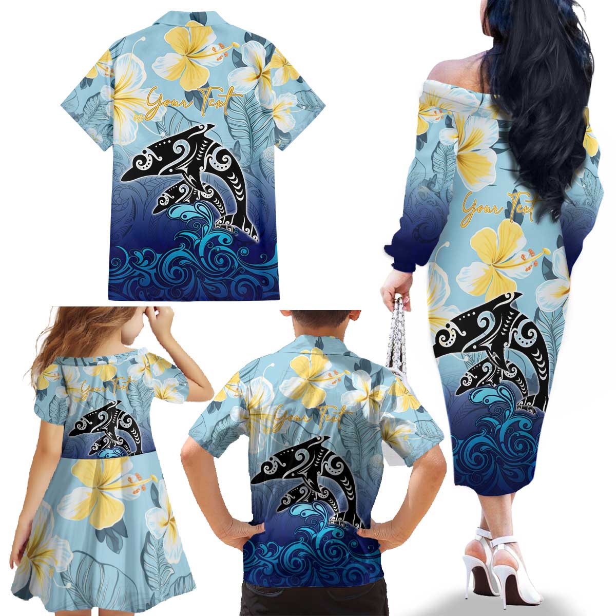 Mother And Baby Dolphins Family Matching Off The Shoulder Long Sleeve Dress and Hawaiian Shirt Hawaii Hibiscus DT02 - Polynesian Pride