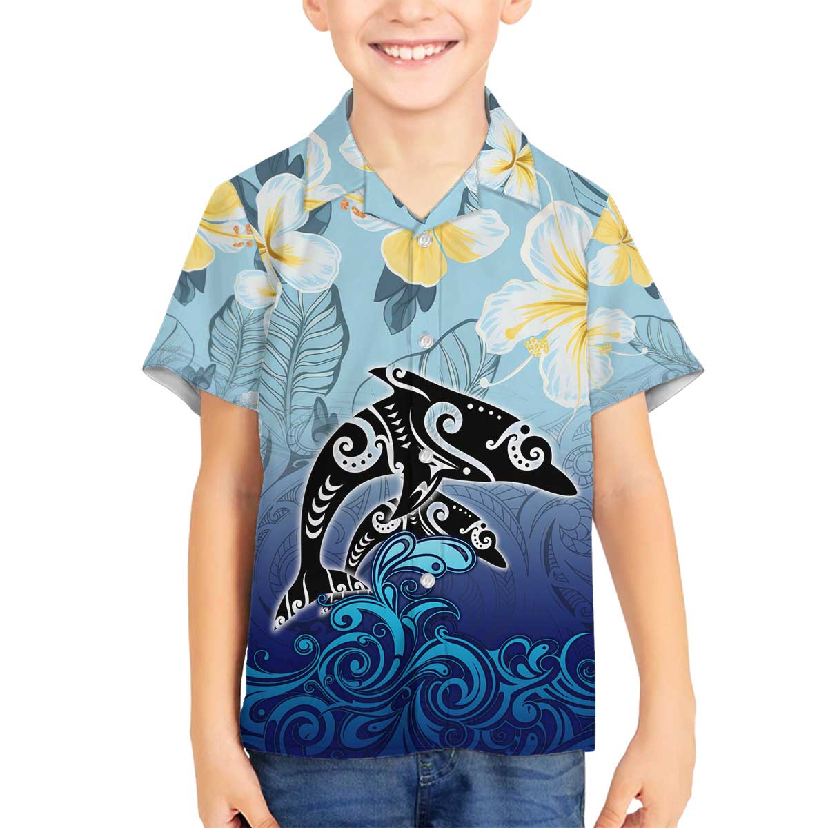 Mother And Baby Dolphins Family Matching Off The Shoulder Long Sleeve Dress and Hawaiian Shirt Hawaii Hibiscus DT02 Son's Shirt Blue - Polynesian Pride