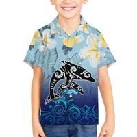 Mother And Baby Dolphins Family Matching Off The Shoulder Long Sleeve Dress and Hawaiian Shirt Hawaii Hibiscus DT02 Son's Shirt Blue - Polynesian Pride