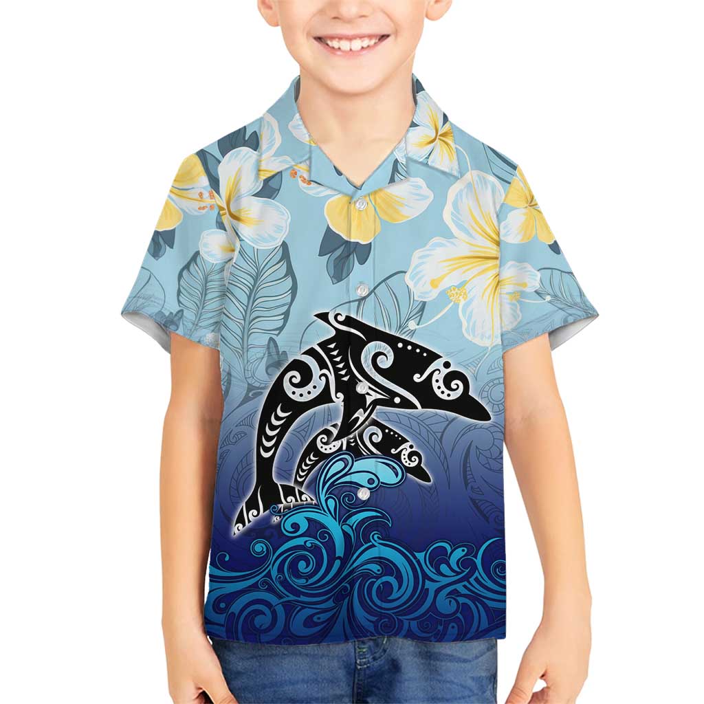 Mother And Baby Dolphins Family Matching Off Shoulder Maxi Dress and Hawaiian Shirt Hawaii Hibiscus DT02 Son's Shirt Blue - Polynesian Pride