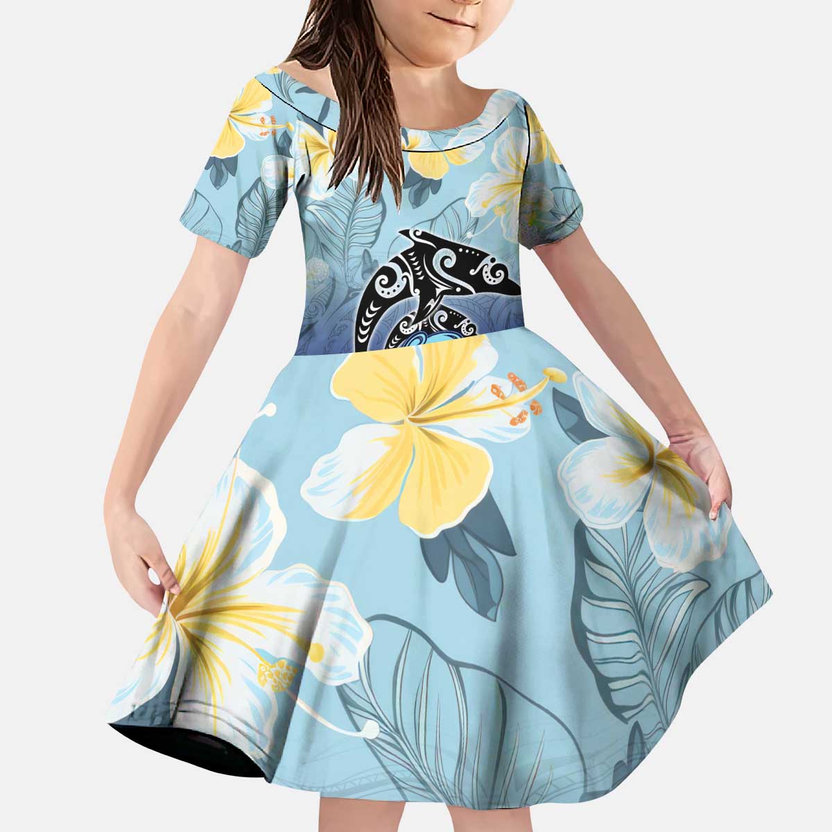 Mother And Baby Dolphins Family Matching Puletasi and Hawaiian Shirt Hawaii Hibiscus DT02 Daughter's Dress Blue - Polynesian Pride