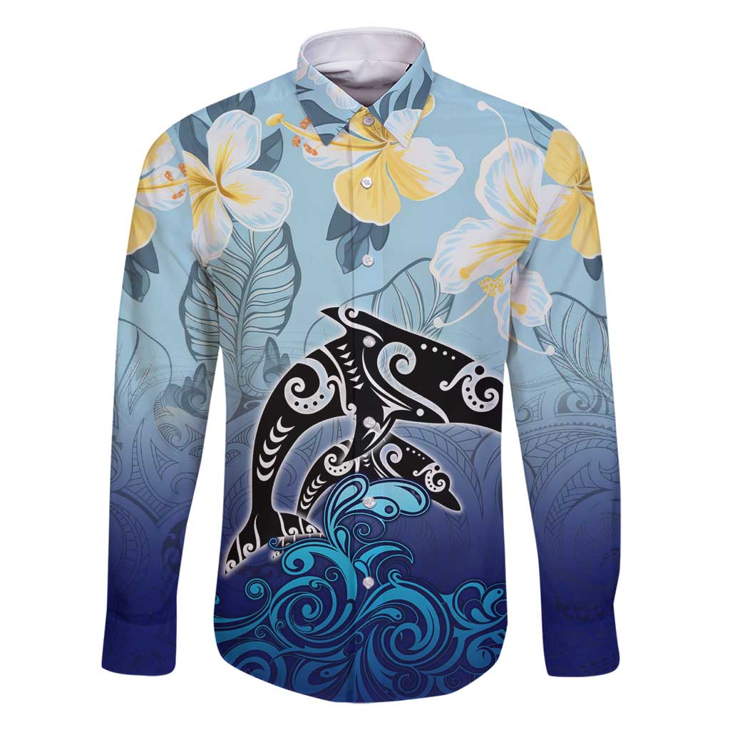 Mother And Baby Dolphins Family Matching Tank Maxi Dress and Hawaiian Shirt Hawaii Hibiscus DT02 Dad's Shirt - Long Sleeve Blue - Polynesian Pride