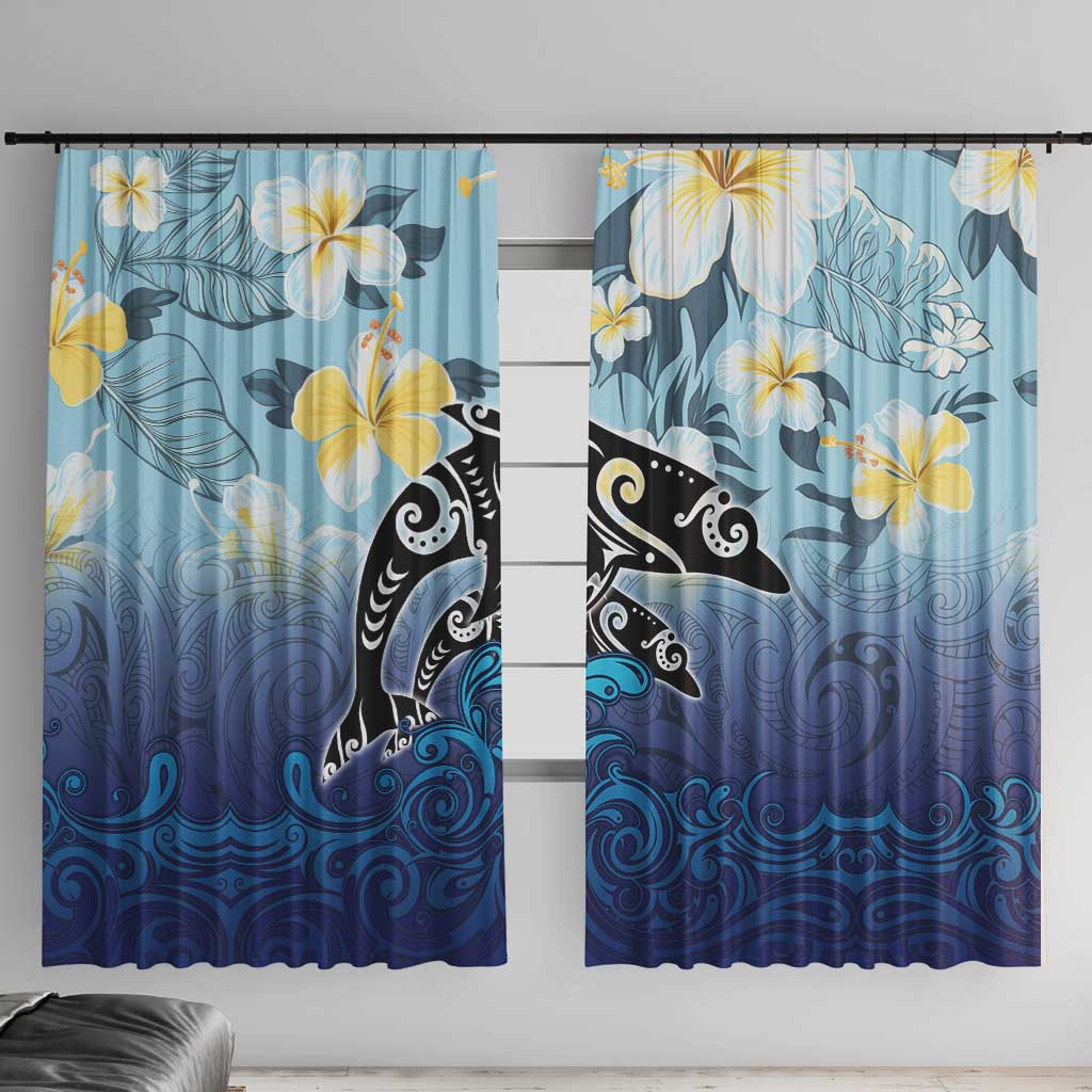 Mother And Baby Dolphins Window Curtain Hawaii Hibiscus DT02 With Hooks Blue - Polynesian Pride