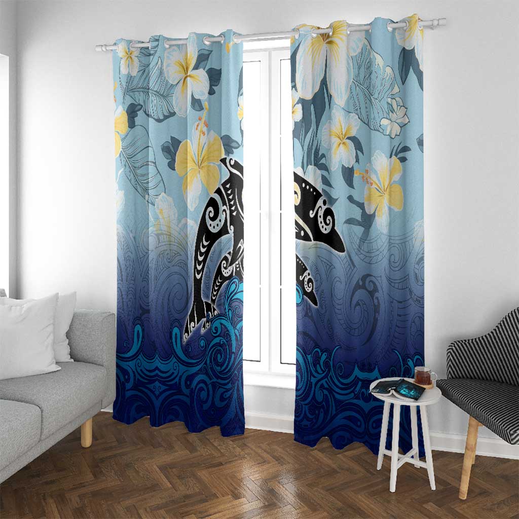 Mother And Baby Dolphins Window Curtain Hawaii Hibiscus DT02 With Grommets Blue - Polynesian Pride